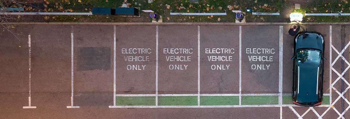 Aerial view of Electric Vehicle Only parking spaces