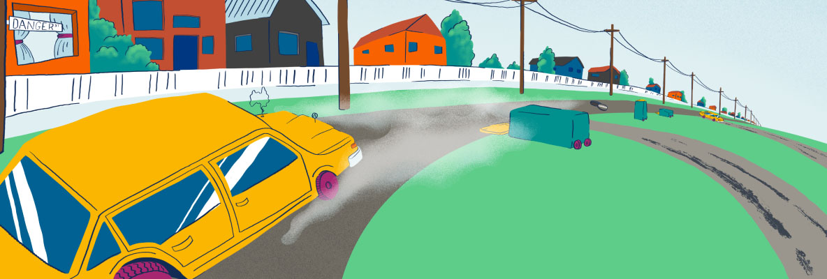 Illustration of a car on a misty road called Danger Street with overturned wheelie bins.