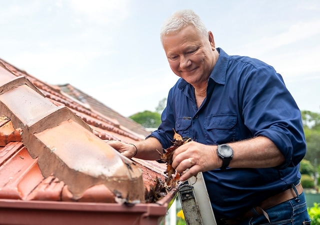 Scott Cam cleaning leaves out of a roof gutter.