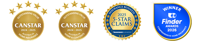Canstar's Outstanding Value Award for Home Insurance in Australia 2024 – 2025, Canstar's Outstanding Value Award for Home & Contents Insurance in Australia 2024 – 2025, Finder Awards 2026 winner for Comprehensive Home Insurance
