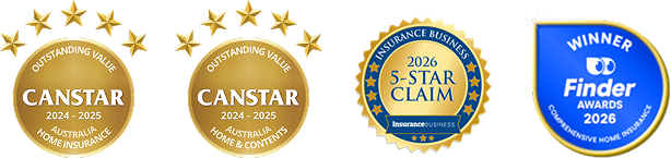 Canstar's Outstanding Value Award for Home Insurance in Australia 2024 – 2025, Canstar's Outstanding Value Award for Home & Contents Insurance in Australia 2024 – 2025,  Insurance Business 5-star claims award 2026, Finder Awards 2026 winner for Comprehensive Home Insurance