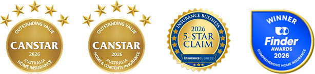 Canstar's Outstanding Value Award for Home Insurance in Australia 2026, Canstar's Outstanding Value Award for Home & Contents Insurance in Australia 2026,  Insurance Business 5-star claims award 2026, Finder Awards 2026 winner for Comprehensive Home Insurance
