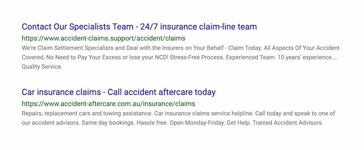 Image of search engine results for non-Allianz sites offering to assist with lodging customer claims