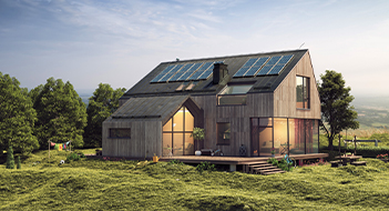 An eco-friendly property with solar panels surrounded by trees and fields.