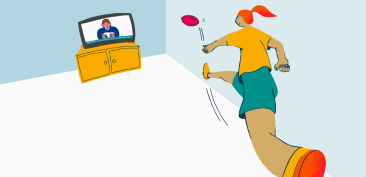 Illustration of a kid kicking a ball in the house towards the television. 