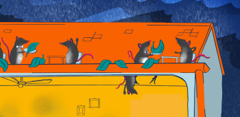 Illustration of rats eating leaves in a restaurant that’s in the gutters of a house