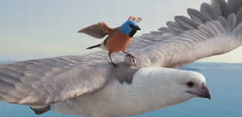 An eagle carries a mother finch on her back, the mother finch clutches her egg in her talons as they both soar through the rainy sky toward safety.