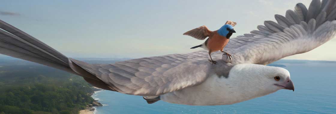 An eagle carries a mother finch on her back, the mother finch clutches her egg in her talons as they both soar through the rainy sky toward safety