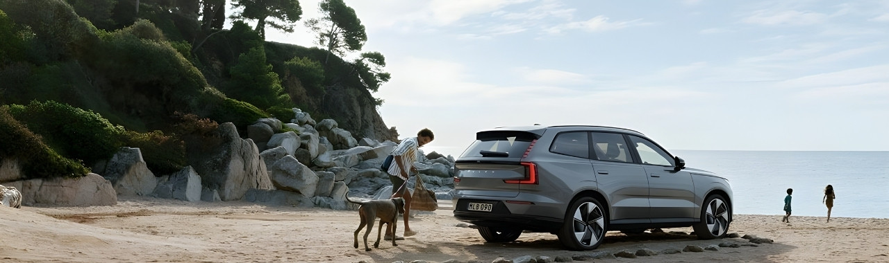 Young family and their dog unpack their Volvo at the beach