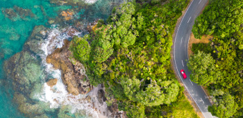 Aerial view of a car driving through national park