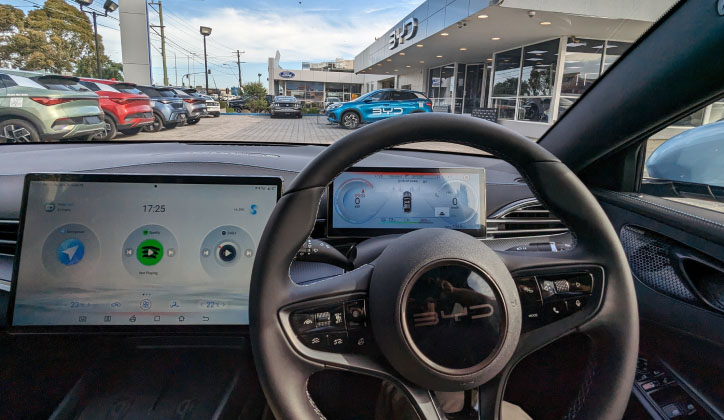 Large infotainment screen of BYD Seal while parked at an experience centre