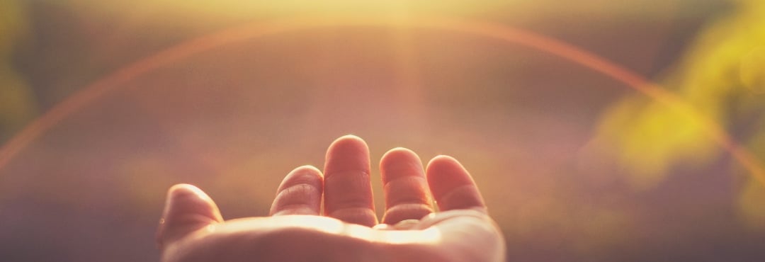 A hand with palm facing up, extending out towards sunrays in the distance. 