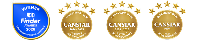 Finder Awards 2026 winner for Comprehensive Home Insurance and three CANSTAR blue award badges showing Outstanding Value awards for: 2024–2025 Australia Home Insurance, 2024–2025 Australia Home & Contents Insurance, and 2025 New South Wales Home Insurance.