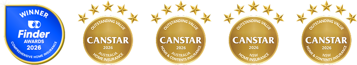 Finder Awards 2026 winner for Comprehensive Home Insurance and three CANSTAR blue award badges showing Outstanding Value awards for: 2026 Australia Home Insurance, 2026 Australia Home & Contents Insurance, and 2026 New South Wales Home Insurance.