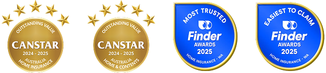 CANSTAR 2024-2025 Home Insurance Awards, CANSTAR 2024-2025 Home & Contents Insurance Awards, Finder 2025 'Most Trusted'  Home Insurance - WA Badge,  Finder 2025 'Easiest to claim'  Home Insurance - WA Badge