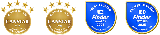 CANSTAR 2026 Home Insurance Awards, CANSTAR 2026 Home & Contents Insurance Awards, Finder 2025 'Most Trusted'  Home Insurance - WA Badge,  Finder 2025 'Easiest to claim'  Home Insurance - WA Badge