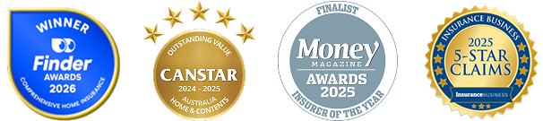 Finder Awards 2026 winner for Comprehensive Home Insurance CANSTAR 2024-2025 Home & Contents Insurance Awards - AU badge, Money  magazine Award badge, Insurance Business 5-Star Claims badge .