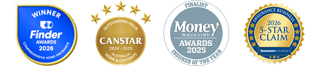 Finder Awards 2026 winner for Comprehensive Home Insurance CANSTAR 2024-2025 Home & Contents Insurance Awards - AU badge, Money  magazine Award badge, Insurance Business 5-Star Claims badge 2026