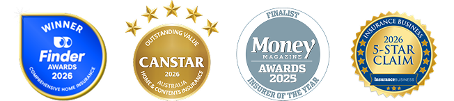 Finder Awards 2026 winner for Comprehensive Home Insurance CANSTAR 2026 Home & Contents Insurance Awards - AU badge, Money  magazine Award badge, Insurance Business 5-Star Claims badge 2026