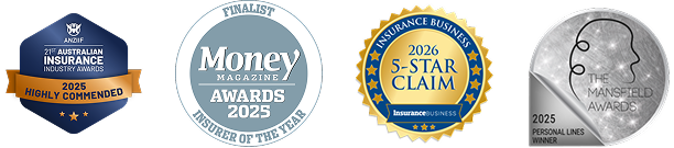 Australian Insurance Industry Awards ANZIIF Highly Commended 2025 badge, Money magazine Award badge, Insurance Business 5-Star Claims 2026 badge and The Mansfield Awards 2025 Personal Lines badge