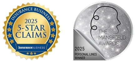 Insurance Business 5-Star Claims badge and The Mansfield Awards 2025 Personal Lines badge