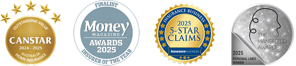 CANSTAR 2024-2025 Home Insurance Awards - AU badge, Money  magazine Award badge, Insurance Business 5-Star Claims badge and The Mansfield Awards 2025 Personal Lines badge.