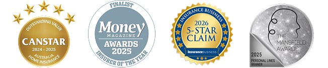 CANSTAR 2024-2025 Home Insurance Awards - AU badge, Money  magazine Award badge, Insurance Business 5-Star Claims badge and The Mansfield Awards 2025 Personal Lines badge.