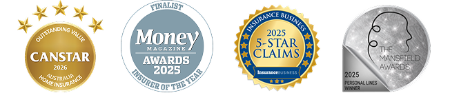 CANSTAR 2026 Home Insurance Awards - AU badge, Money  magazine Award badge, Insurance Business 5-Star Claims badge and The Mansfield Awards 2025 Personal Lines badge.