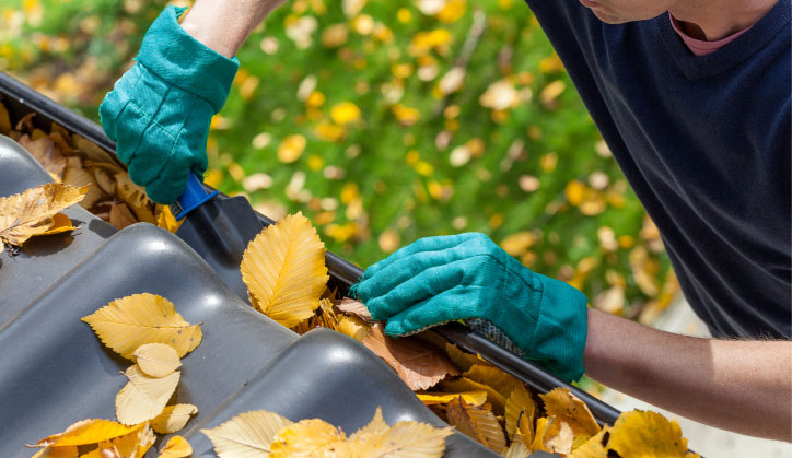 person cleaning leaves from the gutter with gloves on