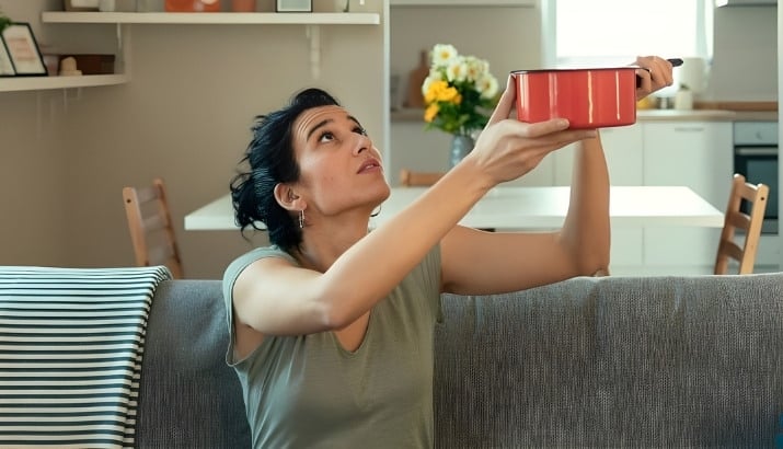 A woman sitting on a sofa holding a saucepan to catch drips.