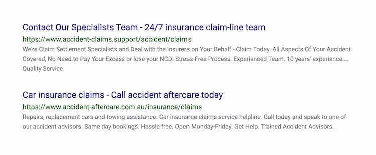 Image of search engine results for non-Allianz sites offering to assist with lodging customer claims