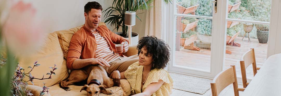 A couple relaxing on the couch with their dog at their well-maintained home.