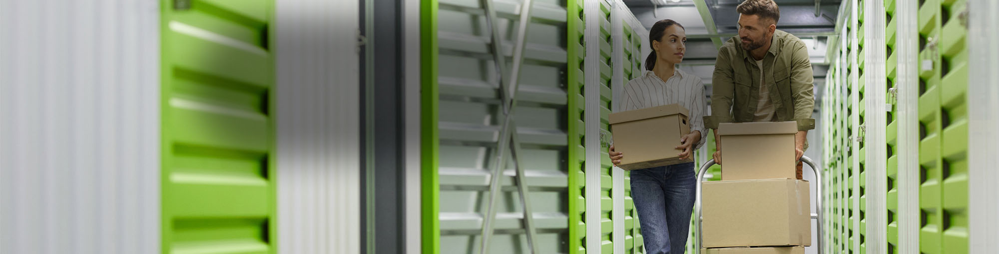 A couple walking through a storage unit
