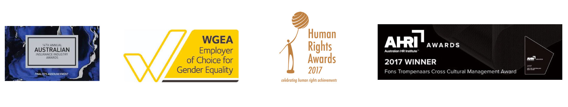 14th Annual Australia Insurance Industry Award Finalist, WGEA Employer of Choice of Gender Equality, Human Rights Awards 2017, AHRI Awards 2017 Winner