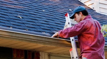 A man on a ladder cleaning the gutter