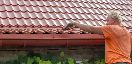Illustration of a man standing on the ladder and checking the gutters on the roof