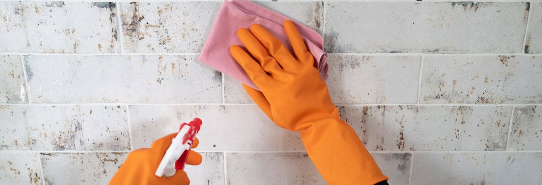A homeowner wearing rubber gloves to clean mould from bathroom tiles.
