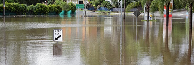 Road signs submerged on a flooded road