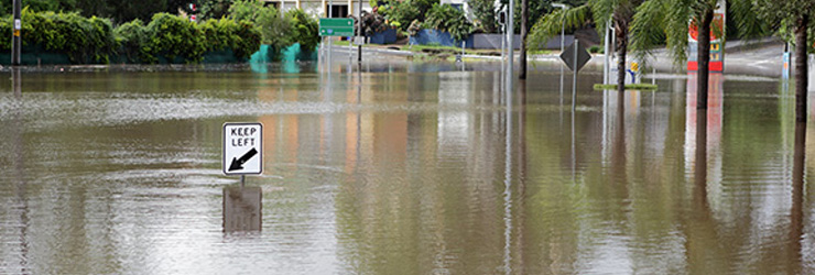 Road signs submerged on a flooded road