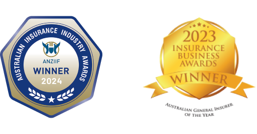 Australian Insurance Industry Awards ‘ANZIIF Winner 2024’ badge and 2023 Insurance Business Awards Winner ‘Australian General Insurer of the Year’ badge