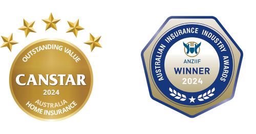 CANSTAR 2024 ‘Outstanding Value Australia Home Insurance’ award badge and Australian Insurance Industry Awards ‘ANZIIF Winner 2024’ badge
